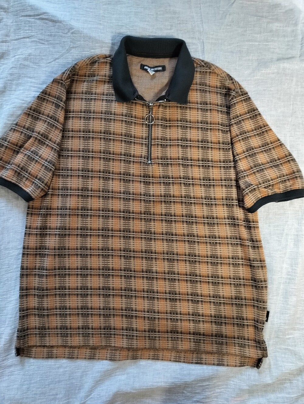 EUC Urban Outfitters Brown Orange Olive Plaid Half-Zip Polo - Oversized Small